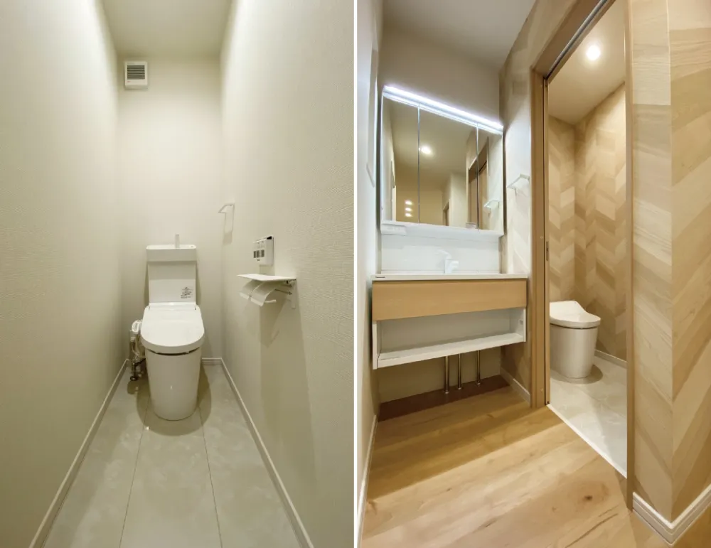 １、２階のトイレとフロータイプの洗面台